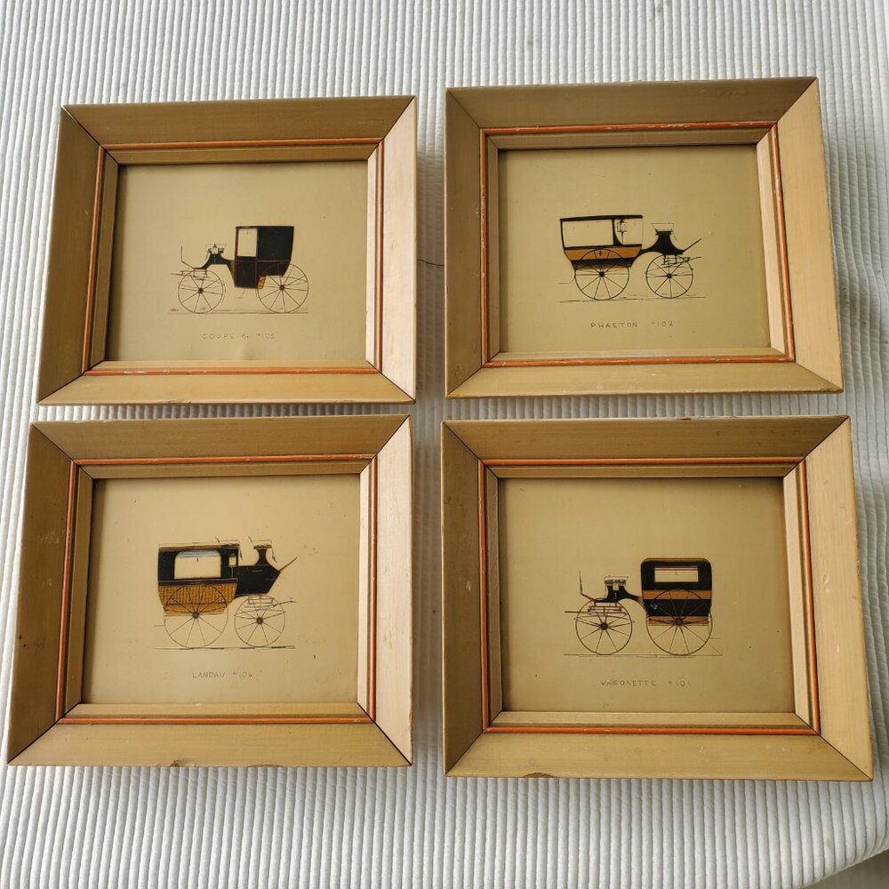 4 Horse Drawn Carriage Serigraph Prints 9.25"x8" Vintage Wood Frame